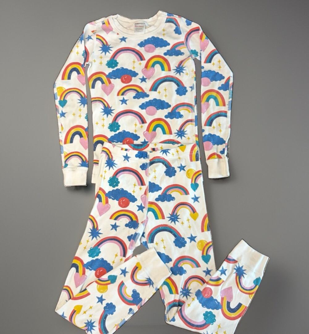 Hanna Andersson Size 130, 8, White Hello Rainbow Long John Organic Pajamas Set